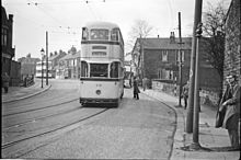 'Roberts' tramcar 518 on a special at Woodseats, March 1960. This photo is taken on Abbey Lane near the junction with Chesterfield Road. 3. Jubilee at Woodseats March 1960 copy.jpg