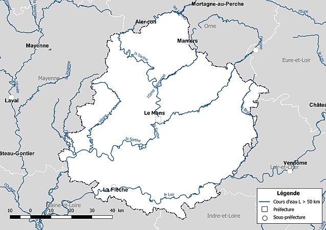 Carte des cours d'eau de longueur supérieure à 50 km de la Sarthe.