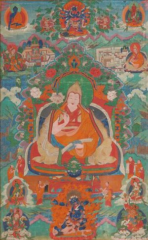 7th Dalai Lama of Tibet in 18th century thangka art detail, from- Le VIIème Dalaï lama (1708-1757) (cropped).jpg