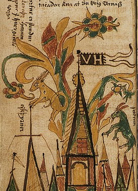 Эйктирнир и Хейдрун на вершине Вальгаллы. Исландский манускрипт XVII века