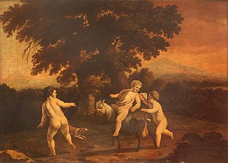 Landscape with Three Naked Boys, one riding a goat