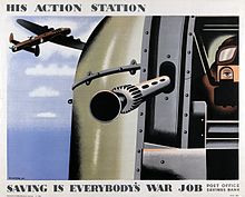 British Second World War poster depicting the tail gunner of an Avro Lancaster bomber Action station (AWM ARTV04986).jpg