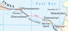 Rama's Bridge, a shoal "connecting" (northwestern) Sri Lanka (Talaimannar on Mannar island in that district) and (southern) India (Dhanushkodi (extinct)/Rameswaram in Ramanathapuram District) between the Gulf of Mannar (southwest) from the Palk Strait (northeast). Adams bridge map.png