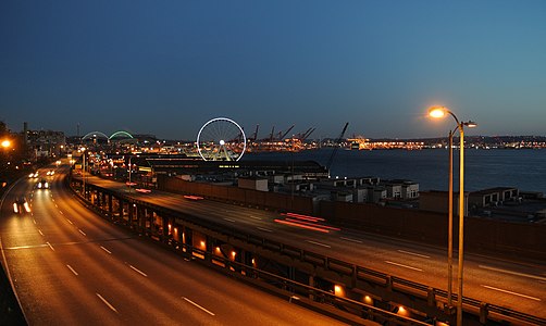 Alaskan Way Viaduct, port of Seattle at the twilight, looking southeast.