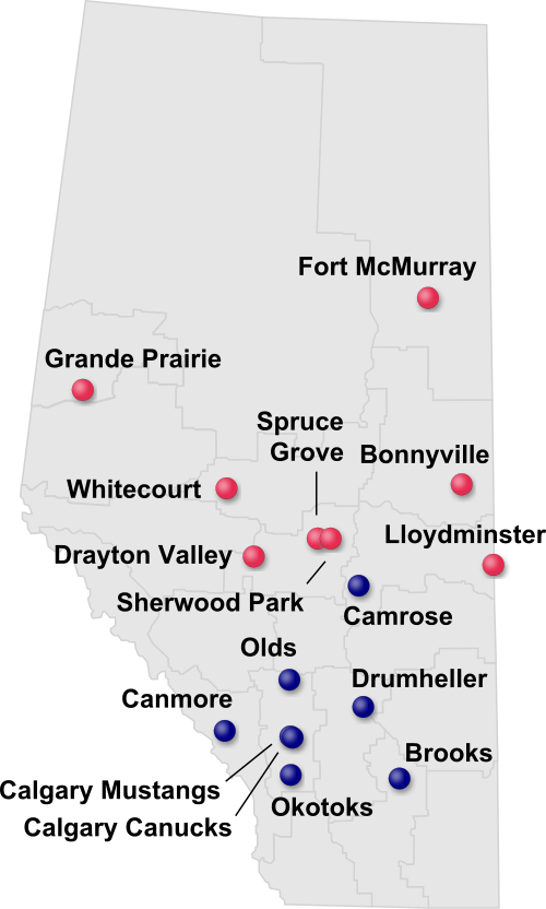 Locations of AJHL teams (North Division teams in red; South Division teams in blue)