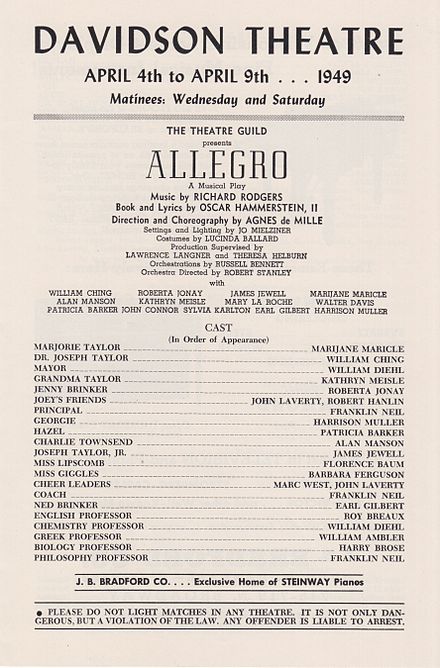 Program for Allegro's US tour, April 1949 (Davidson Theatre, Milwaukee)