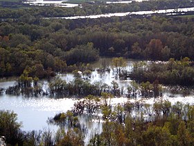 Il lago alluvionale Galacho de Juslibol durante un'alluvione dell'Ebro