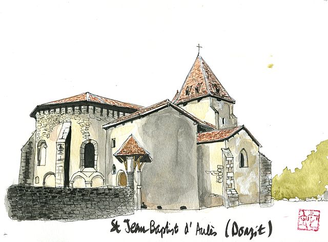 File:Aquarelle de l'église Saint-Jean-Baptiste-d'Aulès à Doazit.jpg