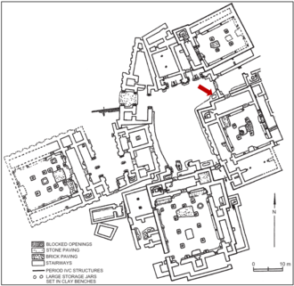 Archaeological Site of Hasanlu: Figure 23.2. (Adapted) Plan of Hasanlu with the Hasanlu Lovers indicated by an arrow. ArchaeologicalsiteofHasanlu.png