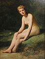 Female nude by pond with water lilies