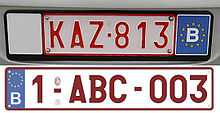 Standard Belgian licence plates - the format on top -still in legal use- was issued from 1973 to 2008 (and 2008 to 2010 with the letter and number combinations reversed), whilst the one on the bottom is the current one introduced in 2010. License plates issues after January 2021 will begin with a 2 as opposed to a 1 BE license plate.jpg