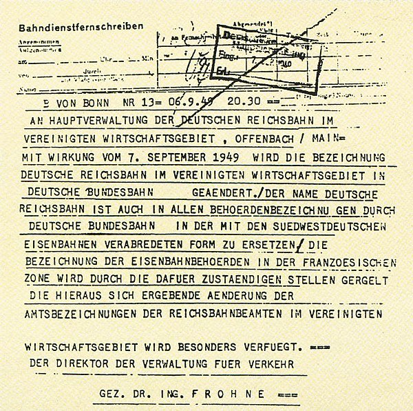 Telegram announcing the formation of the Deutsche Bundesbahn