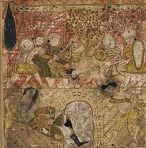Balami - Tarikhnama - The death of Musaylima at the hand of the Ethiopian Slave Wahshi (cropped).jpg