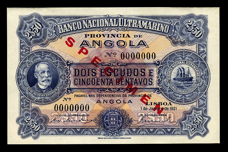 File:Banco Nacional Ultramarino, Angola (1921) - 2.50 Escudos, Front (Proof).jpg