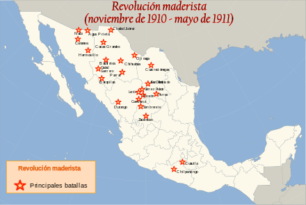 Principal battles during the fight to oust Díaz, November 1910 – May 1911. Most action was in the northern border area, with the Battle of Ciudad Juárez being a decisive blow, but the struggle in Morelos by the Zapatistas was also extremely important since the state was just south of the Mexican capital