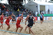 Deutsch: Beachhandball Europameisterschaften 2019 (Beach handball Euro); Tag 6: 7. Juli 2019 – Spiel um Platz Drei, Männer, Ungarn-Russland 2:0 (26:20, 23:22) English: Beach handball Euro; Day 6: 7 July 2019 – Men's Bronze Medal Match – Hungary-Russia 2:0 (26:20, 23:22)