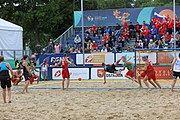 Deutsch: Beachhandball Europameisterschaften 2019 (Beach handball Euro); Tag 6: 7. Juli 2019 – Spiel um Platz Drei, Männer, Ungarn-Russland 2:0 (26:20, 23:22) English: Beach handball Euro; Day 6: 7 July 2019 – Men's Bronze Medal Match – Hungary-Russia 2:0 (26:20, 23:22)