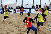 Deutsch: Beachhandball Europameisterschaften 2019 (Beach handball Euro); Tag 5: 6. Juli 2019 – Männer, Platzierungsspiel für die Ränge 5–8, Frankreich-Deutschland 0:2 (18:22, 16:19) English: Beach handball Euro; Day 5: 6 July 2019 – Placement Match/Cross Match for rank 5–8 Men – Frankreich-Deutschland 0:2 (18:22, 16:19)