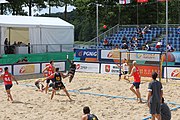 Deutsch: Beachhandball Europameisterschaften 2019 (Beach handball Euro); Tag 2: 3. Juli 2019 – Männer, Vorrunde Gruppe A, Spanien-Norwegen 1:2 (22:26, 28:22, 8:10) English: Beach handball Euro; Day 2: 3 July 2019 – Men Preliminary Round Group A - Spain-Norway 1:2 (22:26, 28:22, 8:10)