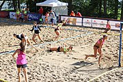 Deutsch: Beachhandball Europameisterschaften 2019 (Beach handball Euro); Tag 1: 2. Juli 2019 – Frauen, Vorrunde Gruppe C, Italien-Griechenland 0:2 (16:28, 10:13) English: Beach handball Euro; Day 1: 2 July 2019 – Women Preliminary Round Group C – Italy-Greece 0:2 (16:28, 10:13)