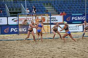 Deutsch: Beachhandball Europameisterschaften 2019 (Beach handball Euro); Tag 5: 6. Juli 2019 – Frauen, Halbfinale, Ungarn-Niederlande 2:0 (19:16, 15:12) English: Beach handball Euro; Day 5: 6 July 2019 – Semifinal Women – Hungary-Netherlands 2:0 (19:16, 15:12)