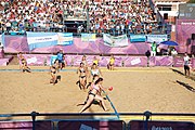 Deutsch: Beachhandball bei den Olympischen Jugendspielen 2018; Tag 3, 9. Oktober 2018; Jungs, Vorrunde, Gruppe B - Argentinien-Hongkong 2:0 English: Beach handball at the 2018 Summer Youth Olympics at 9 October 2018 – Girls Preliminary Round Group B – Argentina-Hing Kong 2:0