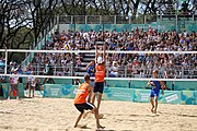 Deutsch: Beachvolleyball bei den Olympischen Jugendspielen 2018; Tag 11, 17. Oktober 2018; Jungen,Finale – Niederlande (Matthew Immers/Yorick de Groot)-Schweden (David Åhman/Jonatan Hellvig) 0:2 (20–22/15–21) English: Beach volleyball at the 2018 Summer Youth Olympics at 17 October 2018 – Final – Netherlands (Matthew Immers/Yorick de Groot)-Sweden (David Åhman/Jonatan Hellvig) 0:2 (20–22/15–21)