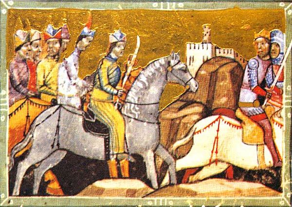 Béla IV and his soldiers flee from the Battle of Mohi (1241), depicted in the Illuminated Chronicle