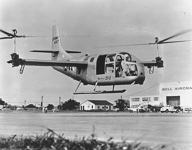 Bell XV-3 in a hover, 1955. This was first version with 3-blade rotors and crashed.