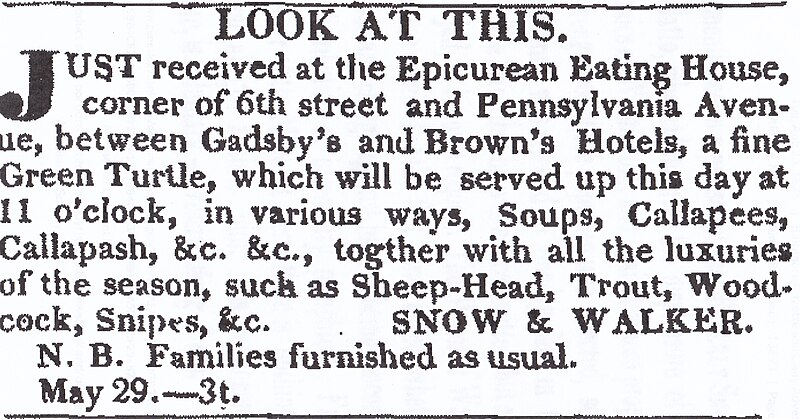 File:Beverly Snow, Epicurean Eating House, "Look at This", Daily Globe (Washington D C.), 9 Oct 1834, p.3.jpg