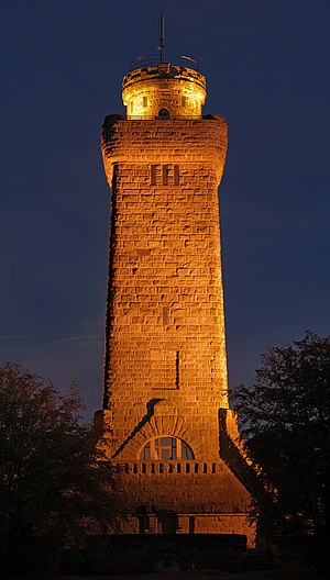 This image shows the Bismarck tower in Glauchau (Germany) about 45 minutes after sunset