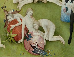 Bosch, Hieronymus - The Garden of Earthly Delights, central panel - Detai Man eating a strawberry, Man eating a cherry, and a man bending over a fictional fruit.jpg