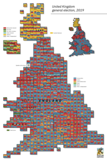 A cartogram showing the popular vote in each constituency. British House of Commons 2019.png