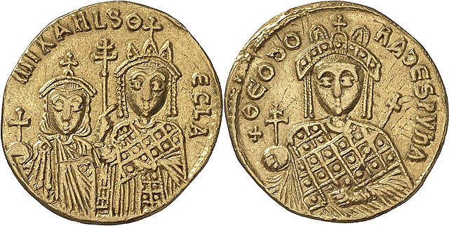 Solidus of empress Theodora with Thekla and Michael III.