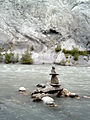 Cairn in the Rhine, in the Ruinaulta, Surselva, Graubuenden, Switzerland.