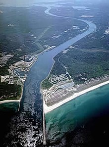 Aerial photo of the Cape Cod Canal looking west with Scusset Beach State Reservation at right