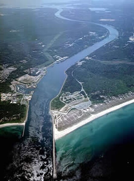 Aerial photo of the Cape Cod Canal and Scusset Beach State Reservation in southeastern Massachusetts