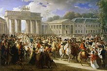 Entry of Napoleon into Berlin by Charles Meynier. Napoleon issued the Berlin Decree following the Fall of Berlin in 1806. Charles Meynier - Entree de Napoleon a Berlin. 27 octobre 1806.jpg