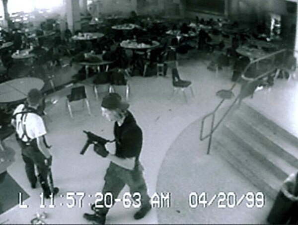 Harris (left) and Klebold (right) on a surveillance camera on the day of the shooting