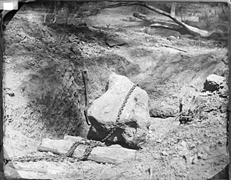 Cranbourne 1, the Bruce Meteorite, being excavated in February, 1862. State Library Victoria pictures collection. Cranbourne Meteorite.jpg