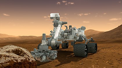 Representação artística do Curiosity, um rover planetário da NASA desenhado para investigar a capacidade passada ou presente de Marte de sustentar vida microbiana. (definição 6 000 × 3 375)