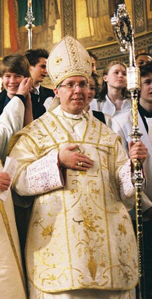 Bishop Czeslaw Kozon, the Catholic bishop of Copenhagen, in pontifical liturgical vestments including the Chasuble.