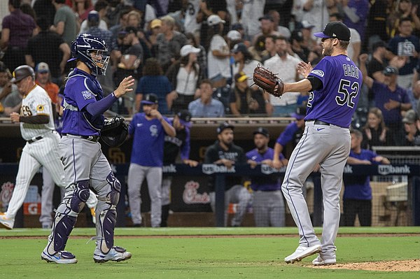 Bard is greeted by catcher Dom Núñez after a win against the Padres on July 10, 2021