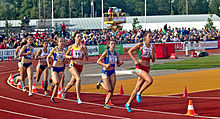 Heptathletes running 800 metres at the 2015 European Athletics Junior Championships Dam 800 meter i sjukampen vid Junioreuropamasterskapen i friidrott 2015.jpg