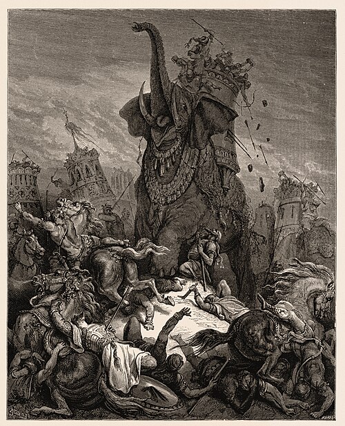 Eleazar Avaran trampled by a war elephant (illustration by Gustave Doré in 1866)