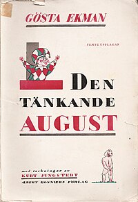 Omslagsbild till Den tänkande August, ritad av Kurt Jungstedt.