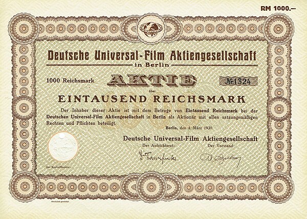 Share of the Deutsche Universal-Film AG, issued March 4, 1930