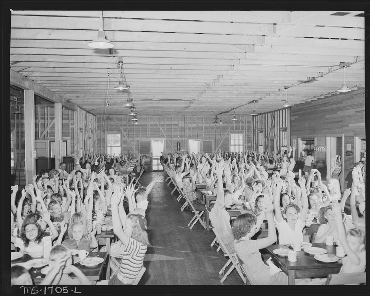 File:Dining-hall for campers. Here they are singing one song which is acted out. Koppers Recreation Camps, Inc. Camp... - NARA - 540908.tif