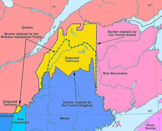 The large yellow disputed area is in the drainage of the Saint John. The international boundary established in 1842 is the dashed green line.