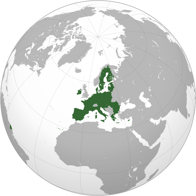 Një projektim ortografik i globit, ku tregon Bashkimin Europian dhe shtetet e saj anëtare (jeshile).